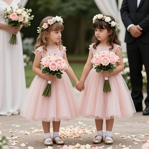 Photograph of two young girls in pink flower crowns and dresses, holding hands, each holding a pink rose bouquet, standing outdoors on a petal