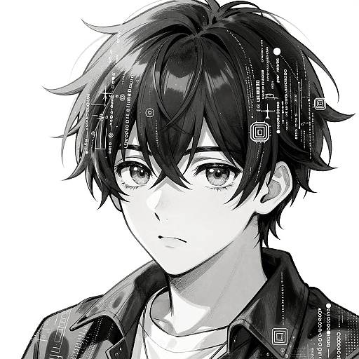 Monochrome manga-style digital drawing of a young man with messy black hair, large expressive eyes, and a slight smile. He wears a dark jacket over