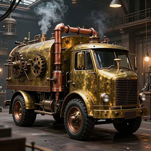 Photorealistic CGI of a golden, steampunk-style truck with copper pipes, black gears, and smoking exhaust, in a dimly lit industrial