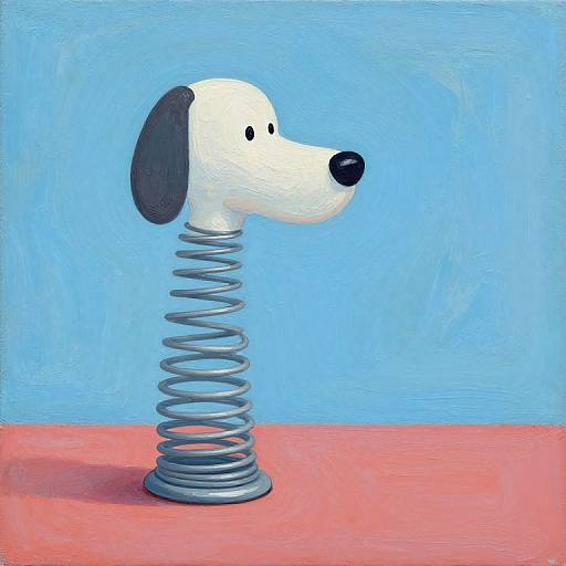 Digital drawing of a white, black-eared, cartoon dog head on a blue spring, against a blue and red background. Simple, playful style.