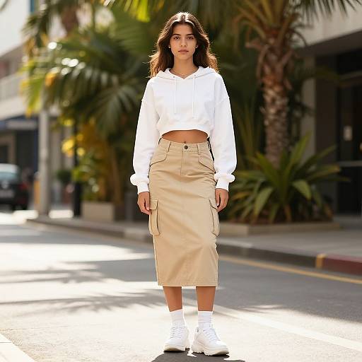 Photograph of a young woman with long dark hair, wearing a white cropped hoodie, beige high-waisted skirt, white socks, and black shoes