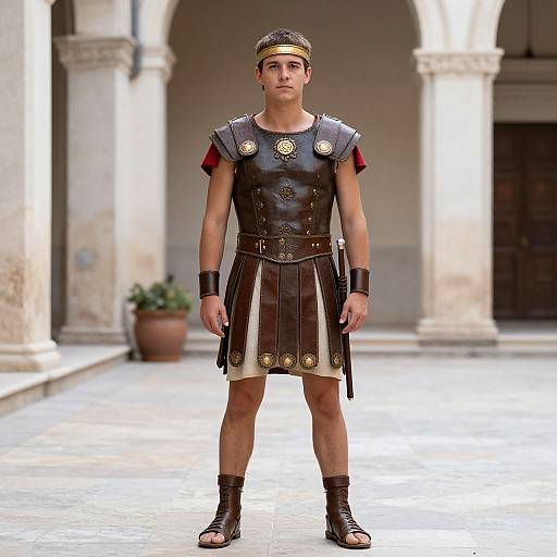 Photograph of a young man in Roman gladiator armor, standing in a sunlit, arched courtyard with a potted plant in the background.