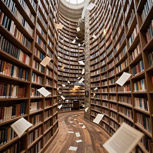 Photograph of a grand, curved library with tall wooden bookshelves filled with books, papers floating in mid-air, and a winding wooden floor leading