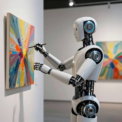 Photograph of a white humanoid robot with black joints, pointing at a colorful abstract painting in a brightly lit gallery.