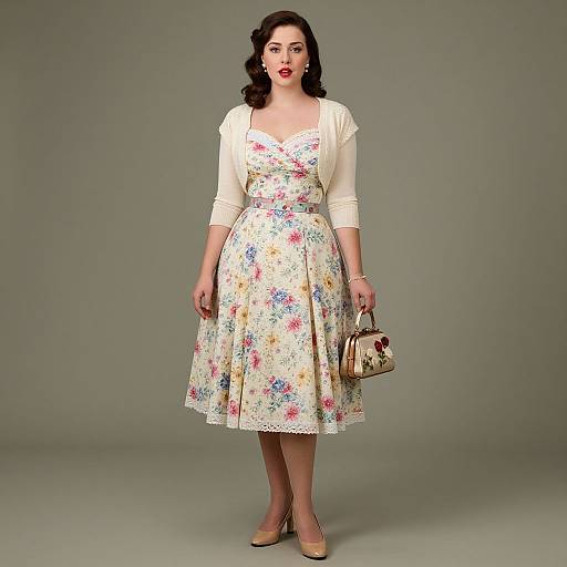 Photograph of a curvy woman with fair skin, dark wavy hair, red lipstick, wearing a floral dress, cream cardigan, beige clutch