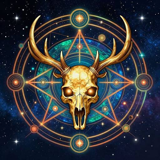 Digital art of a glowing golden deer skull with antlers, centered in a cosmic, starry background with geometric circles and lines.