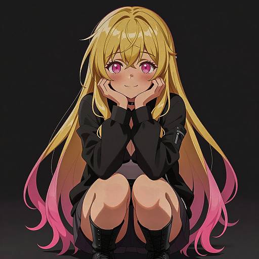 Anime Blonde Woman Squatting with Pink-Tipped Hair