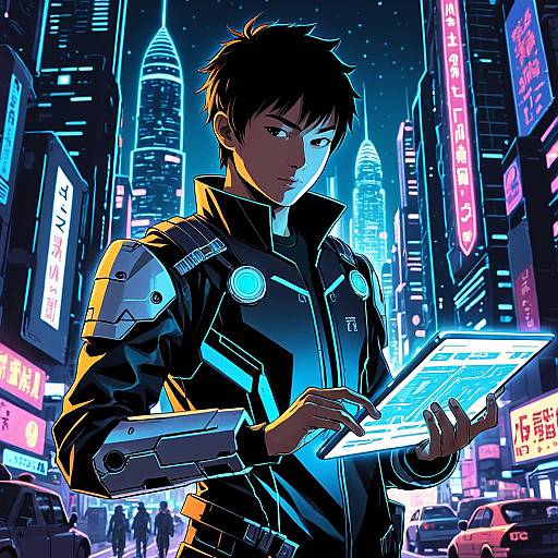 Young Cyborg Detective with Glowing Tablet in Futuristic City