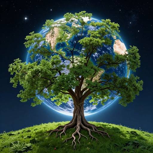 Digital artwork of a vibrant green tree with exposed roots, standing on a grassy hill, with Earth and stars in the night sky background.