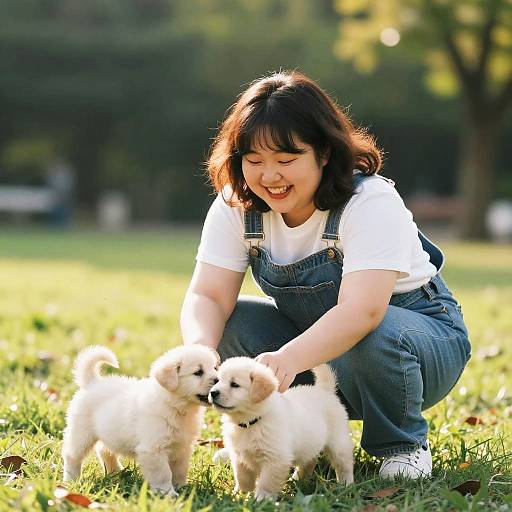 Chubby Korean Girl Playing with Puppies