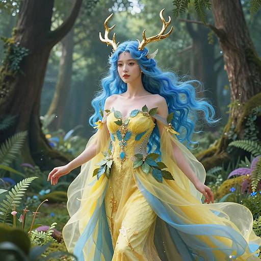 Digital fantasy artwork of a fair-skinned woman with long blue hair, golden antlers, and a yellow, leaf-adorned dress in a lush