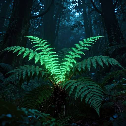 Photograph of glowing green fern leaves in a dark, dense forest at night, illuminated from below, with blue light filtering through trees in the background.