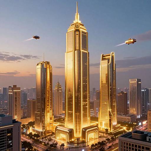Photograph of a futuristic cityscape at dusk, featuring three illuminated golden skyscrapers, with two flying drones emitting light trails.