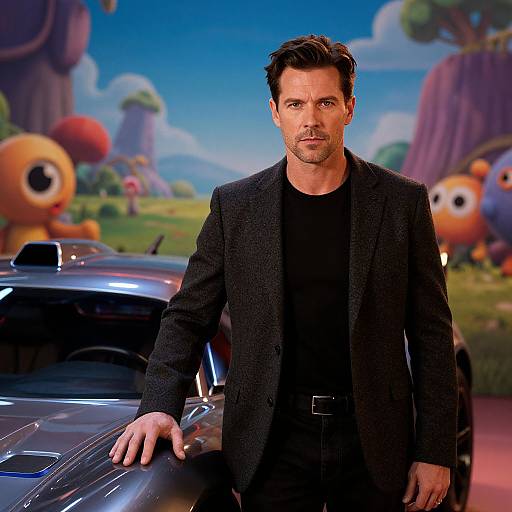 Photograph of a handsome middle-aged man with short dark hair, wearing a black textured blazer and black shirt, leaning on a shiny black car in