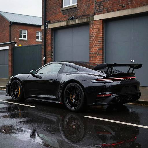 Photograph of a sleek, black, high-performance sports car with a large rear spoiler, parked on a wet, reflective street beside red brick garages