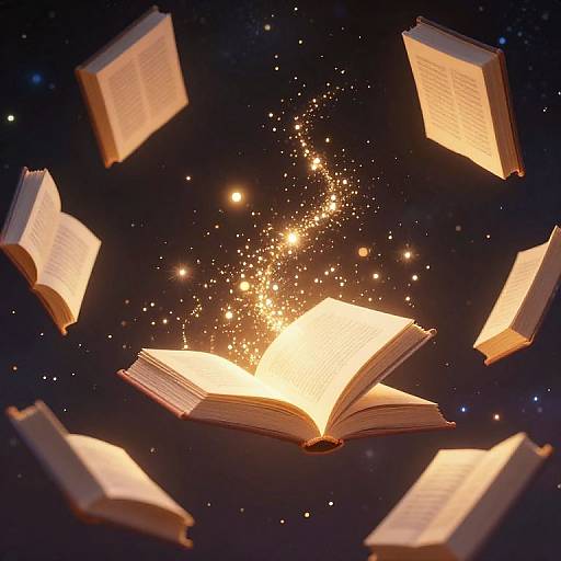 Photograph of glowing, open books floating in space, surrounded by sparkling stars and golden light, creating a magical, ethereal atmosphere.