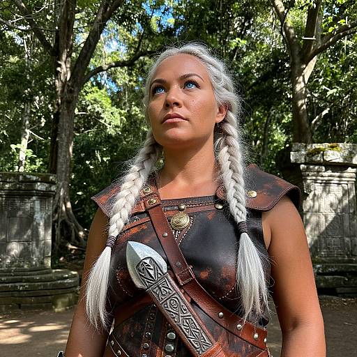 Photograph of a white-haired woman with braids, wearing a leather Viking-style armor with intricate designs, standing in a sunlit forest.