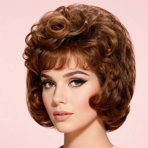Photorealistic digital portrait of a fair-skinned woman with large, almond-shaped eyes, thick eyeliner, and short, voluminous, wavy