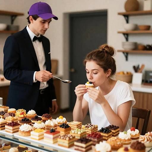 Charming Bakery Scene with Waiter and Taster