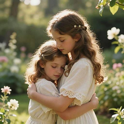 Girl Embracing Jesus in Sunlit Garden