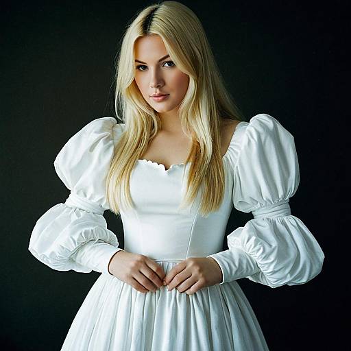 Blonde Woman in White Puffy Sleeve Dress