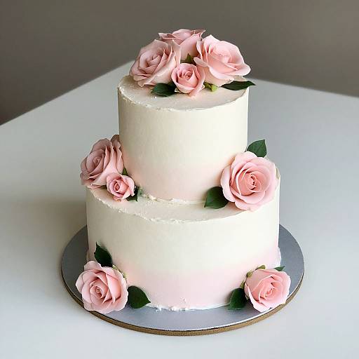 Photograph of a two-tiered white wedding cake adorned with pink fondant roses and green leaves, set on a silver round cake board.