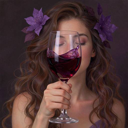 Photograph of a woman with wavy brown hair, purple flowers in her hair, holding a glass of red wine, against a dark background. Her