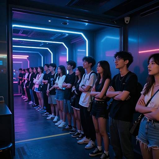 Photograph of a diverse group of young people, mostly Asian, standing in a neon-lit, modern corridor, wearing casual summer clothes, with arms