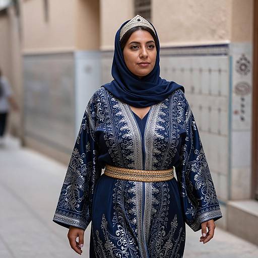 Photograph of a South Asian woman wearing an ornate navy blue traditional dress with silver embroidery, black hijab, and gold belt, standing in a