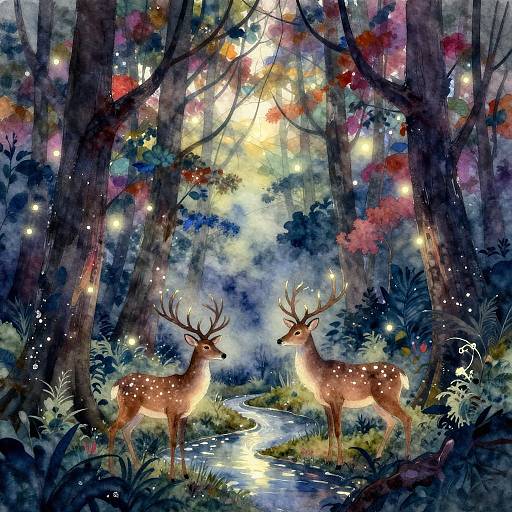 Magical forest painting with two glowing deer with antlers, surrounded by sparkling lights, colorful foliage, and a shimmering stream.