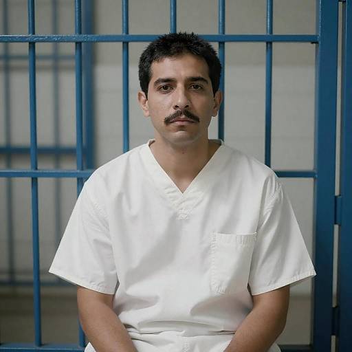 Prisoner in White Uniform Behind Blue Cell Bars