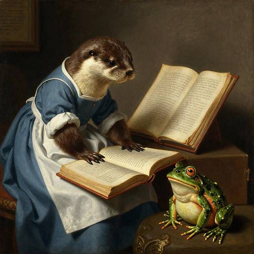 Otter Librarian with Frog and Ancient Manuscripts