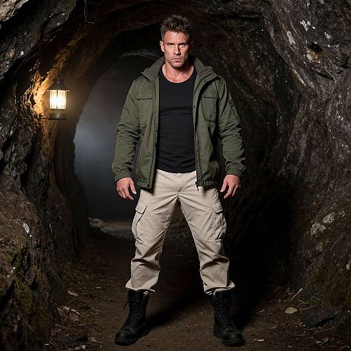 Photograph of a muscular man with short brown hair, wearing a green jacket, black shirt, beige cargo pants, and black boots, standing in a