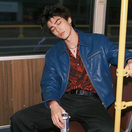 Young man in blue leather jacket on bus