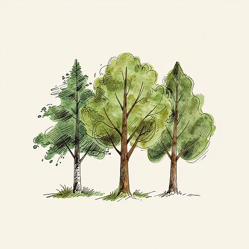 Watercolor drawing of four trees with varying leaf densities and shades of green, set against a simple white background.