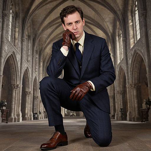 Photograph of a serious, dark-haired man in a black suit, white shirt, and brown gloves, kneeling in a grand, gothic cathedral.