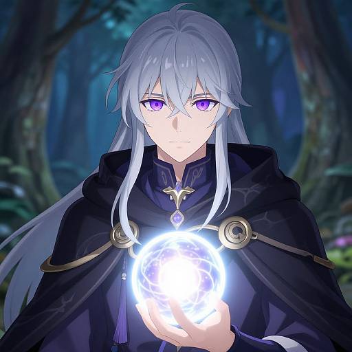 Digital anime-style illustration of a silver-haired, purple-eyed male mage in a dark cloak, holding a glowing, magical orb in a mystical forest.