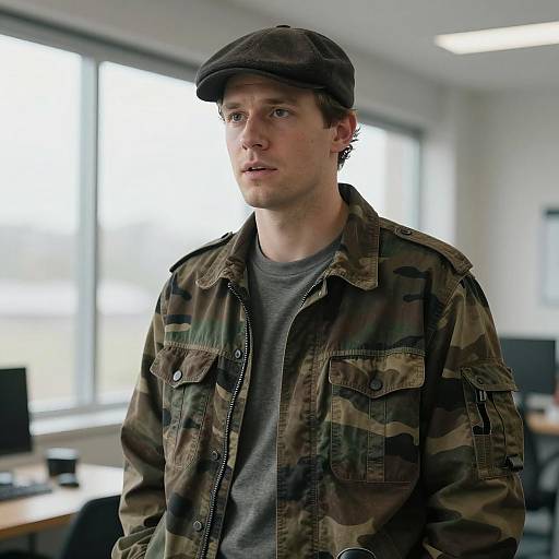 Man in Modern Room with Camo Jacket