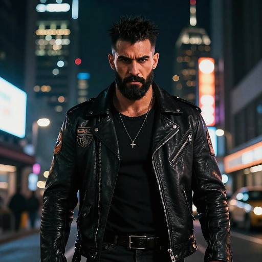 Photograph of a muscular, bearded man with spiked black hair, wearing a black leather jacket and shirt, standing in a brightly lit, neon-l