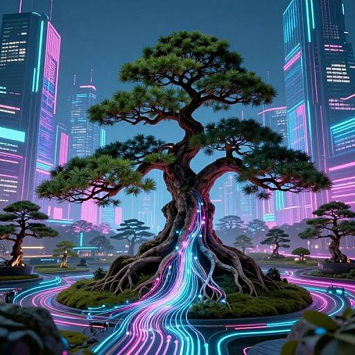 Digital artwork of a glowing, neon-lit bonsai tree with vibrant, colorful light trails in a futuristic cityscape of towering skyscrapers.