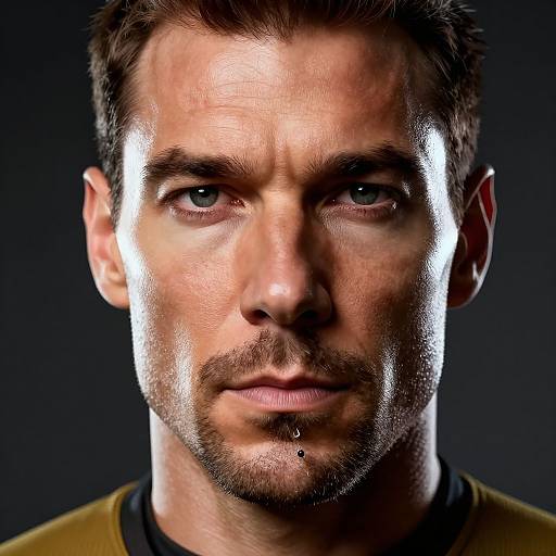 Close-up photograph of a handsome, muscular man with short brown hair, stubble, piercing, and intense blue eyes, lit dramatically against a black background