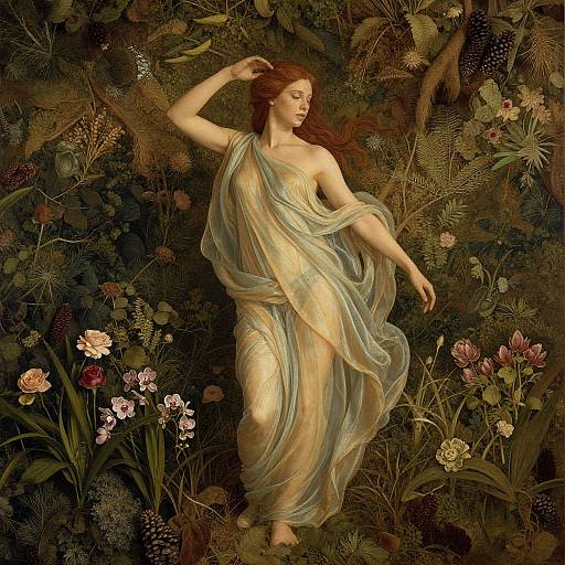 Digital painting of a fair-skinned, red-haired woman in a flowing, translucent, greenish-gold dress, standing amid lush, detailed flowers and