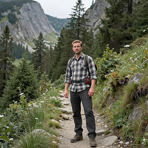 Photograph of a bearded man in a black-and-white checkered shirt and dark pants standing on a mountain trail, surrounded by lush greenery and