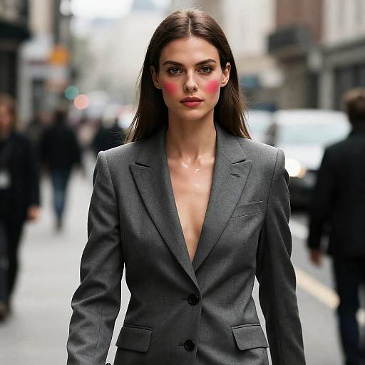 Photograph of a stern-faced woman with long brown hair, wearing a deep V-neck gray suit, pink blush on cheeks, standing in a blurred urban