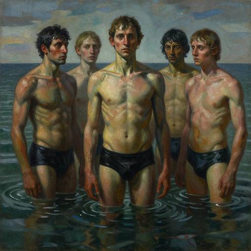Digital painting of four muscular, shirtless young men in black swim trunks standing in shallow, rippling ocean water under a cloudy sky.