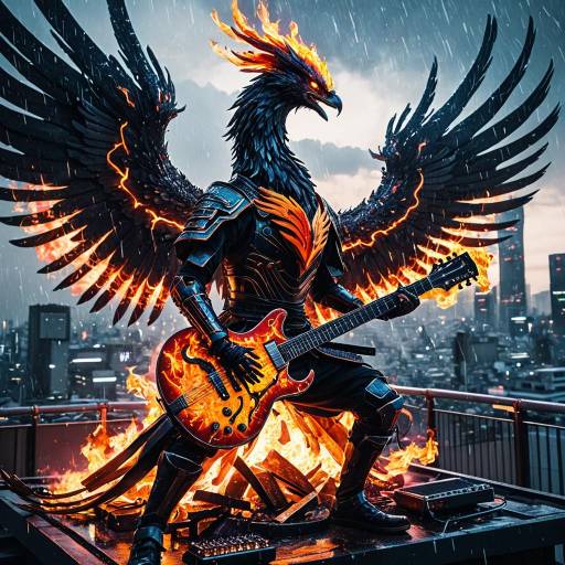 Cybernetic Phoenix Samurai Playing Molten Guitar
