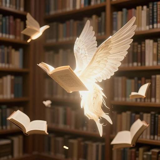 Photograph of glowing white angel with wings, mid-flight, surrounded by floating open books, in a dimly lit, wooden-shelved library.