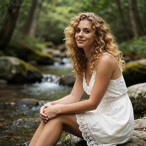 Blonde Woman by Serene Forest Stream