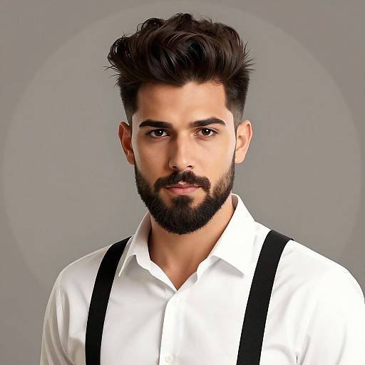 Photograph of a handsome, bearded man with dark, styled hair, wearing a white shirt and black suspenders, against a gray background.
