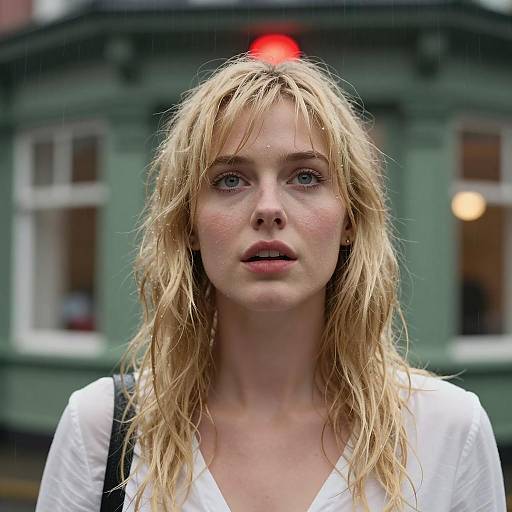 Surprised Blonde Woman in the Rain